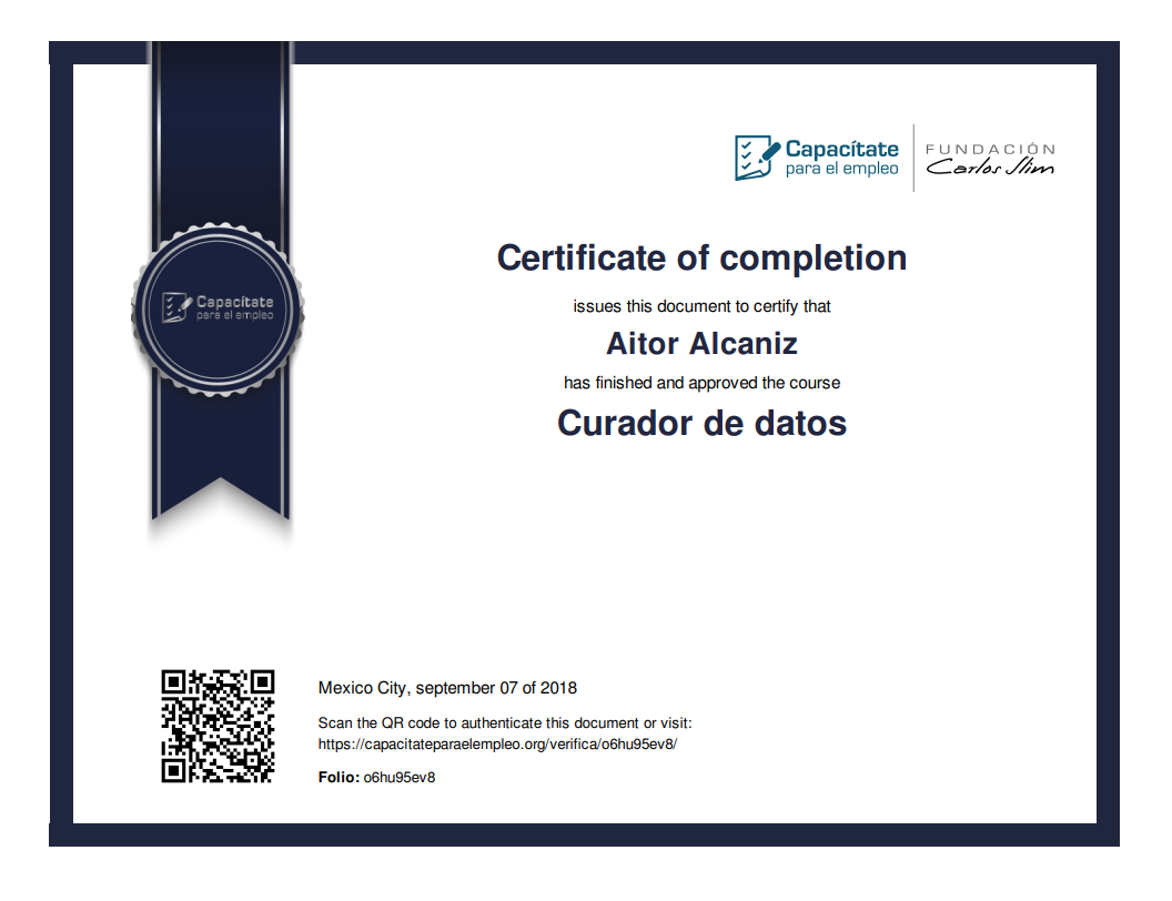 Aitor Alcaniz Data Curator Certificate